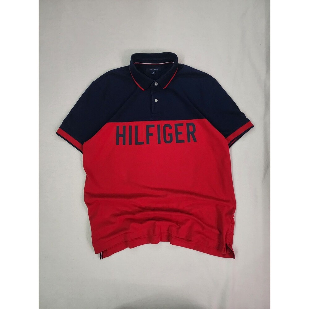Tommy Hilfiger Colorblock Polo Shirt Mens XL Red Navy Big Spellout Logo